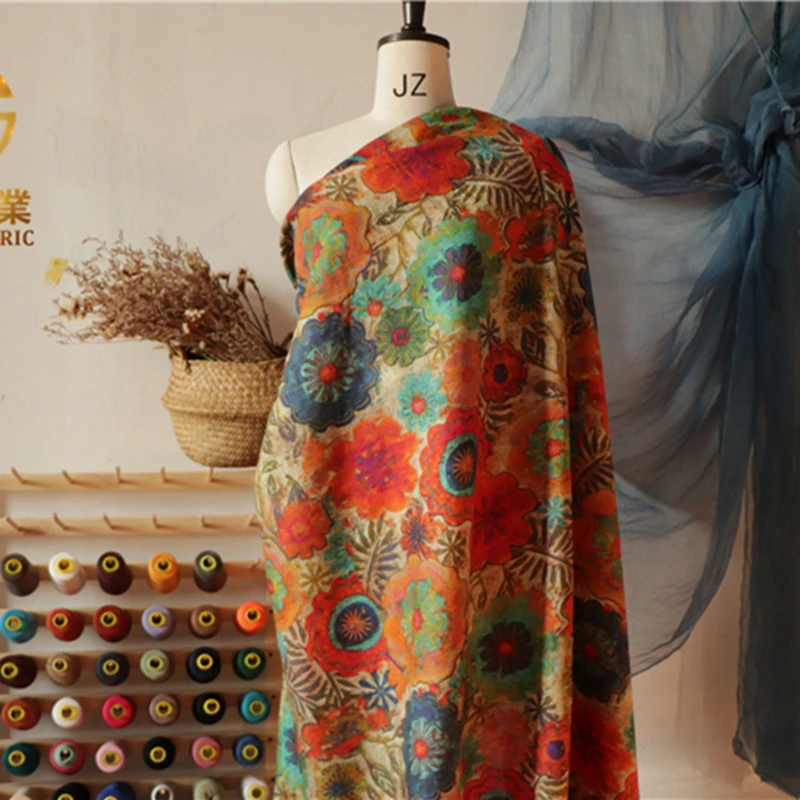 

HC High Quality Natural 100% Pure Ramie Cloth Printed Fabric For Dresses Robe Summer Thin DIY Handmade Sewing Designer Fabric