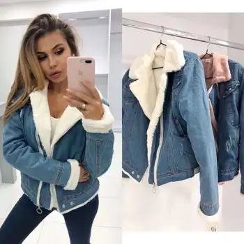 

Warm denim jacket women's coat women's fashion denim with fleece jacket women's wear