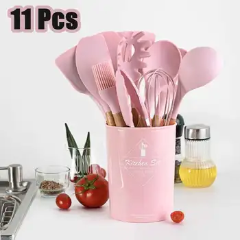 

Pink Cooking Tools Set Premium Silicone Utensils Set Turner Tongs Spatula Soup Spoon Non-stick Shovel Oil Brush Kitchen Tool