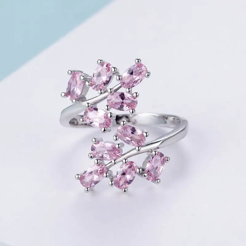Opening adjustable Silver 925 Jewelry Gemstones Ring for Women Amethyst Ruby Powder crystal Plant Leaf Gift