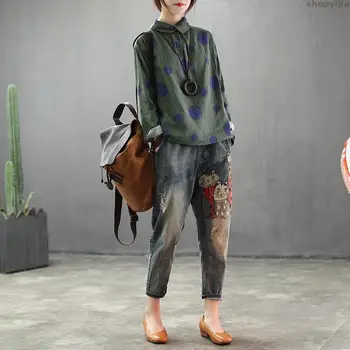 

New Elastic Waist pocket Bleached kitten Pattern Female Casual Denim Trousers Spring Autum Jeans Retro Women Slim-type Slim-type