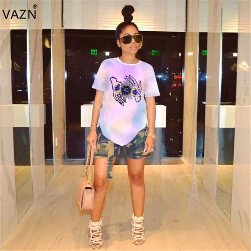 

VAZN LZL628 New Summer 2019 High Quality Young Sexy Fashion Print Round Neck Short Sleeve Joker Women Slim Free Long T-Shirts