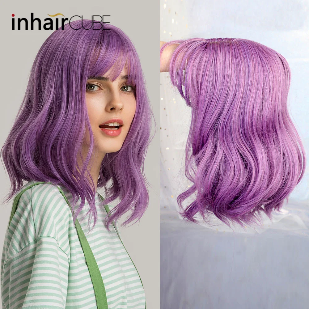 Inhaircube 14 дюймов длинные волнистые женские синтетические парики фиолетовые темные