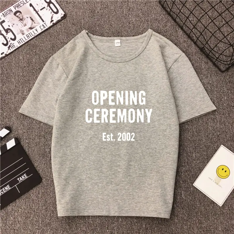 OPENING CEREMONY дата с буквенным принтом, Детская футболка с принтом Футболки Для женщин Harajuku Повседневное унисекс футболка tumblr уличная Стиль эстетику Топы Прямая - Цвет: Серый