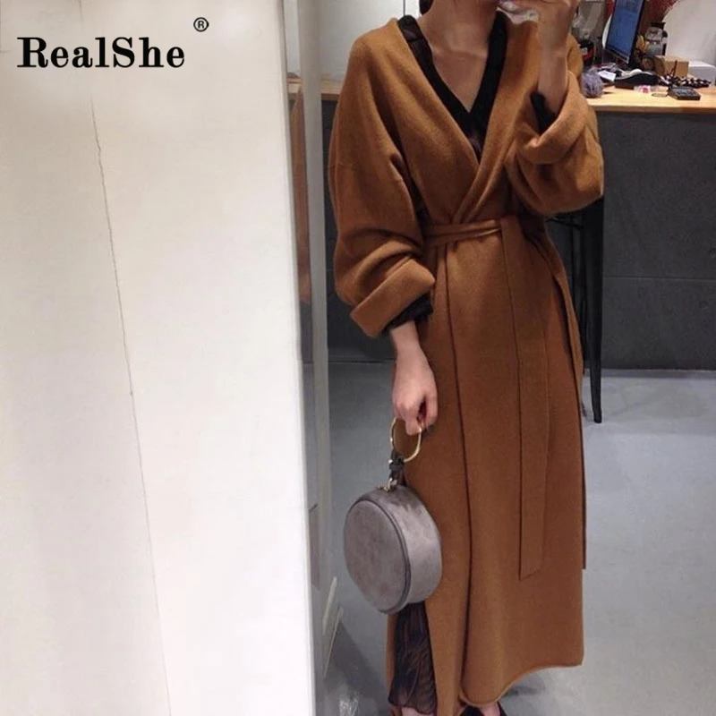 coffee sweater RealShe, длинный кардиган для женщин, v-образный вырез, длинный рукав, пояс, кашемировый свитер для женщин, весна, повседневные Элегантные однотонные свитера - Цвет: coffee sweater