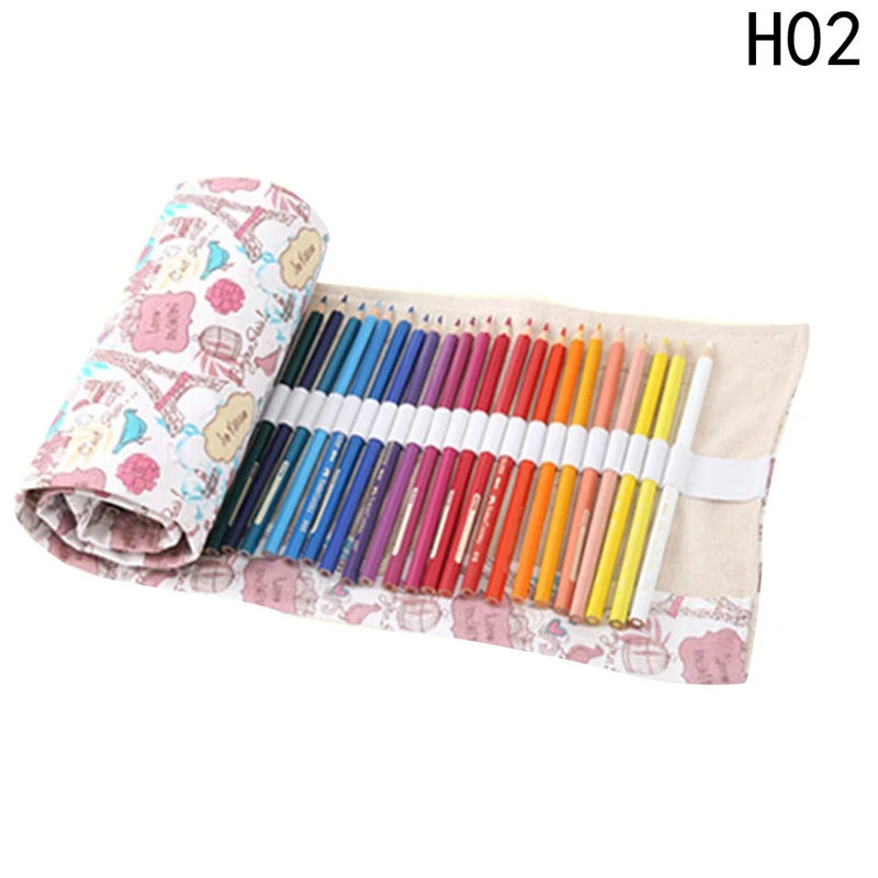 Creative Useful 36 Holes Colorful Pencil Case Canvas Roll Pouch Makeup Cosmetic Pen Storage Box Bag School Stationery - Color: 02