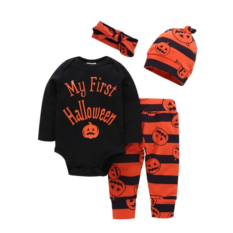 

Baby Halloween Long Sleeve Letters Romper Tops Pumpkin Trousers Headband Outfits Clothes 3pcs/set Boy Romper Headband Hat Set