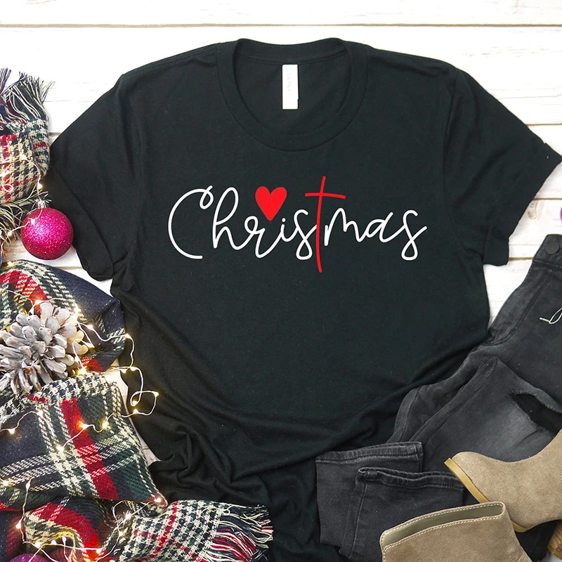 

Love Heart Christmas T-shirt 100% Cotton Short Sleeve Women Shirts 90s Gril Harajuku T Shirt Ulzzang Fashion Tops Dropshipping