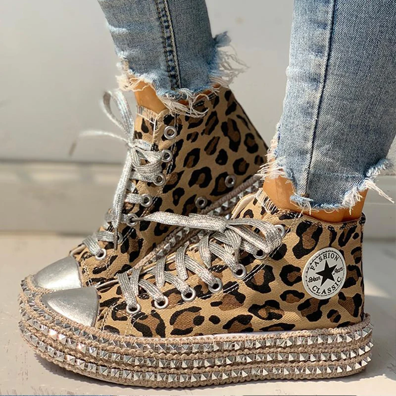 Mid-cut Leopard Модная женская прогулочная обувь с круглым носком; женские кроссовки на толстой плоской подошве; универсальные эспадрильи; Уличная обувь на платформе; размер 43 - Color: Mid-cut Leopard