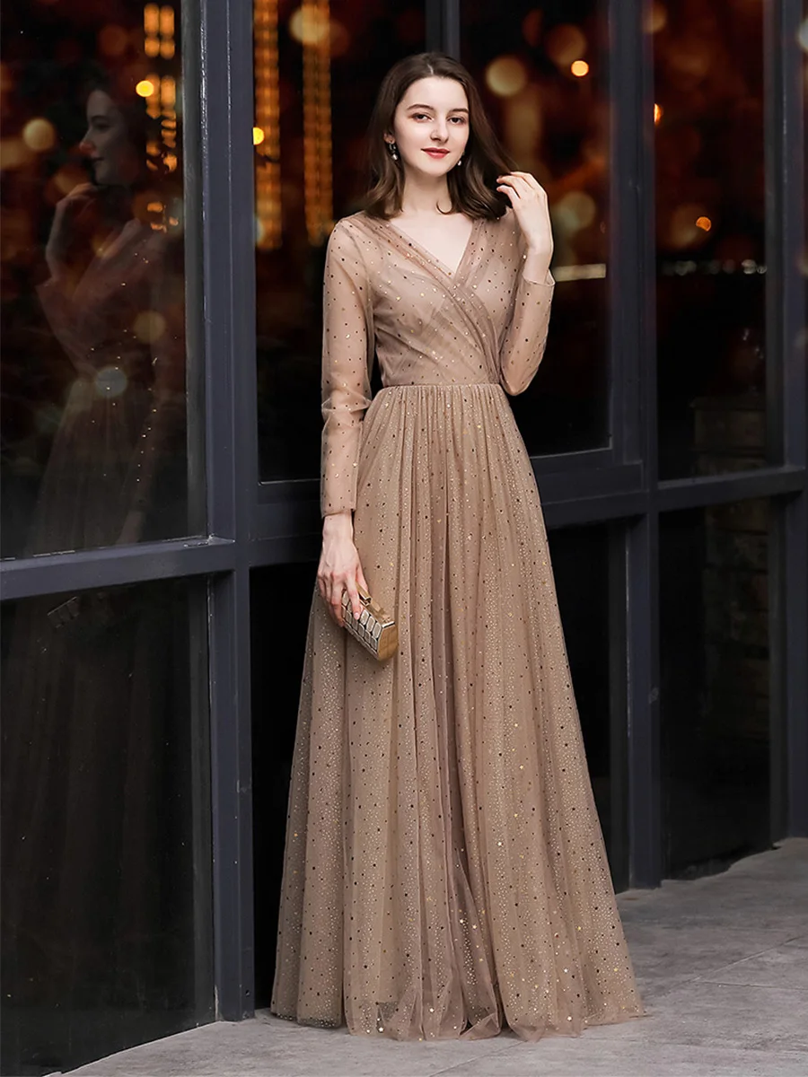 Это Yiiya вечернее платье с длинным рукавом и v-образным вырезом, Формальные вечерние платья, элегантные для женщин E1369 Сияющие размера плюс robe de soiree