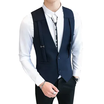 

Personality Tide Male Straps Short Fund Vest Loose Coat Nightclub Bar Hairstyle Division Vest Spring Solid Vest Men Plus Size
