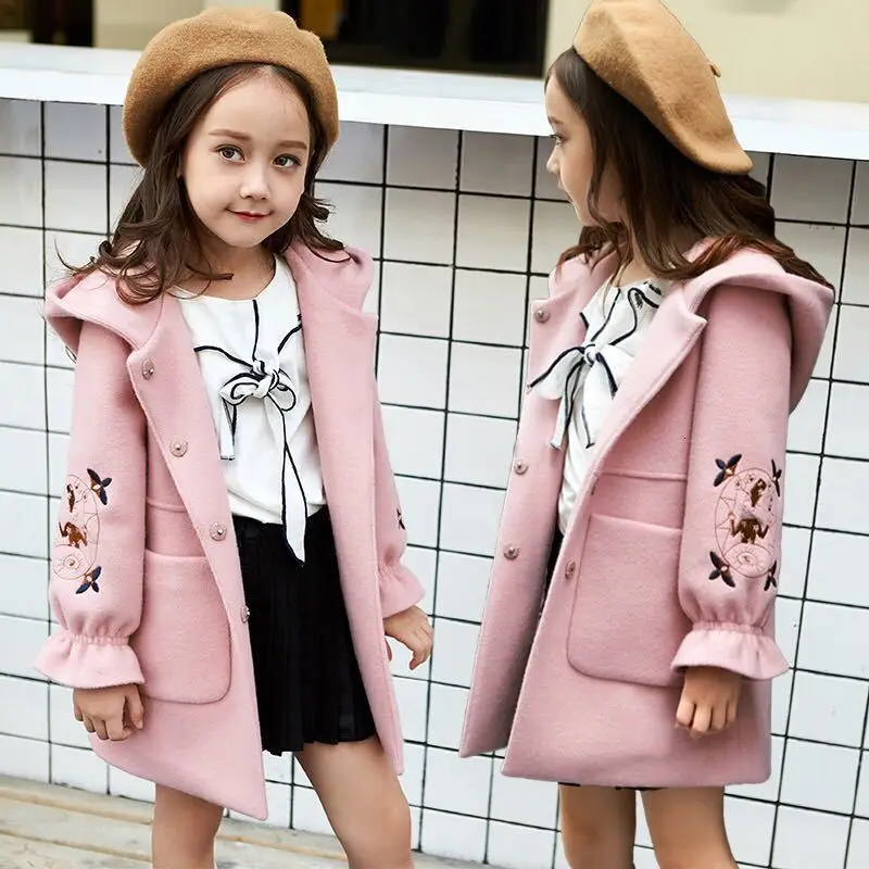 

2019 Girls Loose Woollen Overcoat style Western Embroidery Flower Winter Clothes Red Long Coat