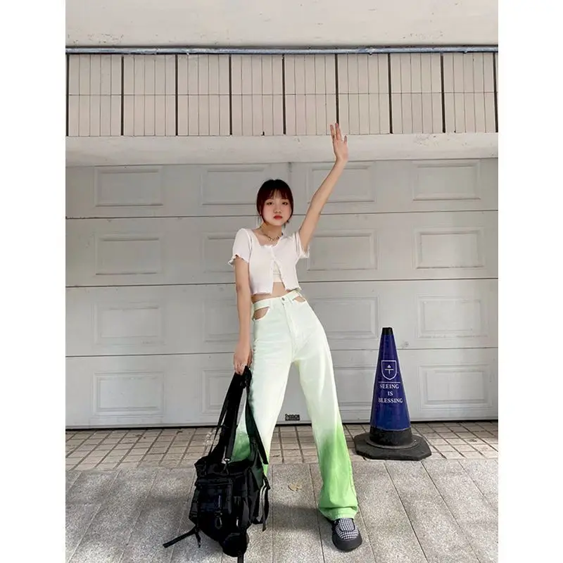 Women Wide-leg Pants Thin High-waist Gradient Female Trousers Straight-leg Sports Green Casual Street Skateboard Loose Trend