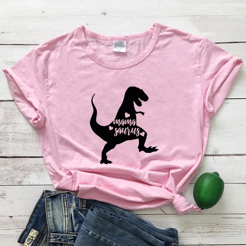 Розовый Mamasaurus Dinasour, графическая футболка, хлопковая, женская, летняя, Tumblr, модная футболка, круглый ворот, короткий рукав, Забавные топы, футболка, Прямая поставка - Цвет: Розовый