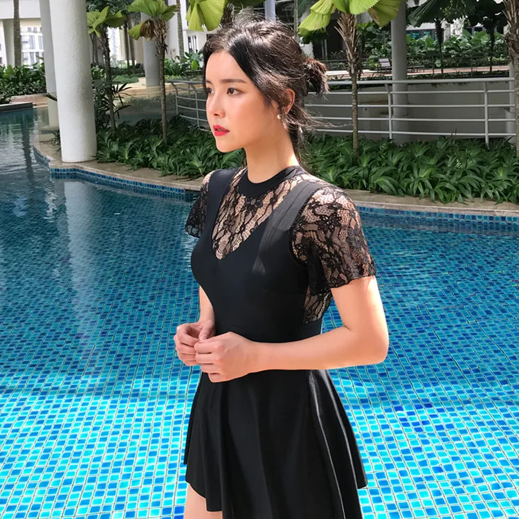 

2019 New Style Black Lace Joint Conservative Slim Fit Slimming Women's Split Type Boxer Bathing Suit