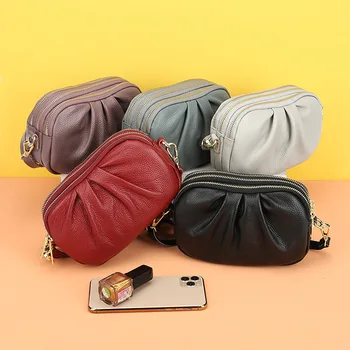

Genuine cowhide bag women casual mini bag three-layer zipper large capacity pleated one-shoulder diagonal bag