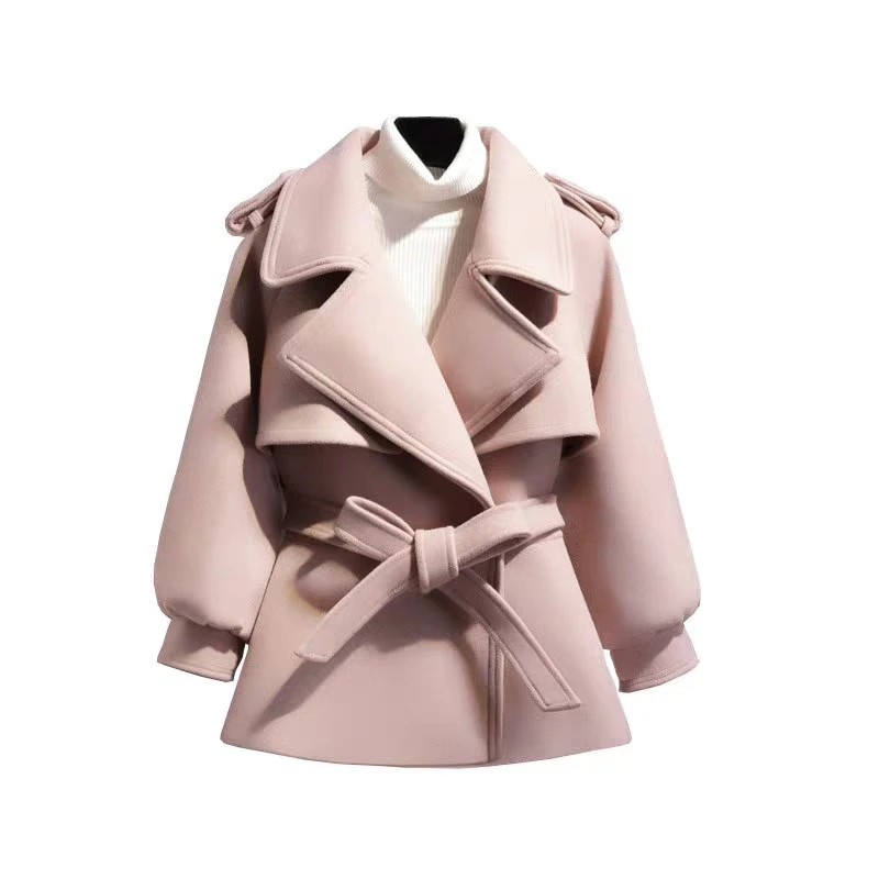 Новинка, осенне-зимнее пальто, Женское шерстяное короткое пальто, женские винтажные приталенные куртки с поясом, розовые пальто, Casaco Feminino