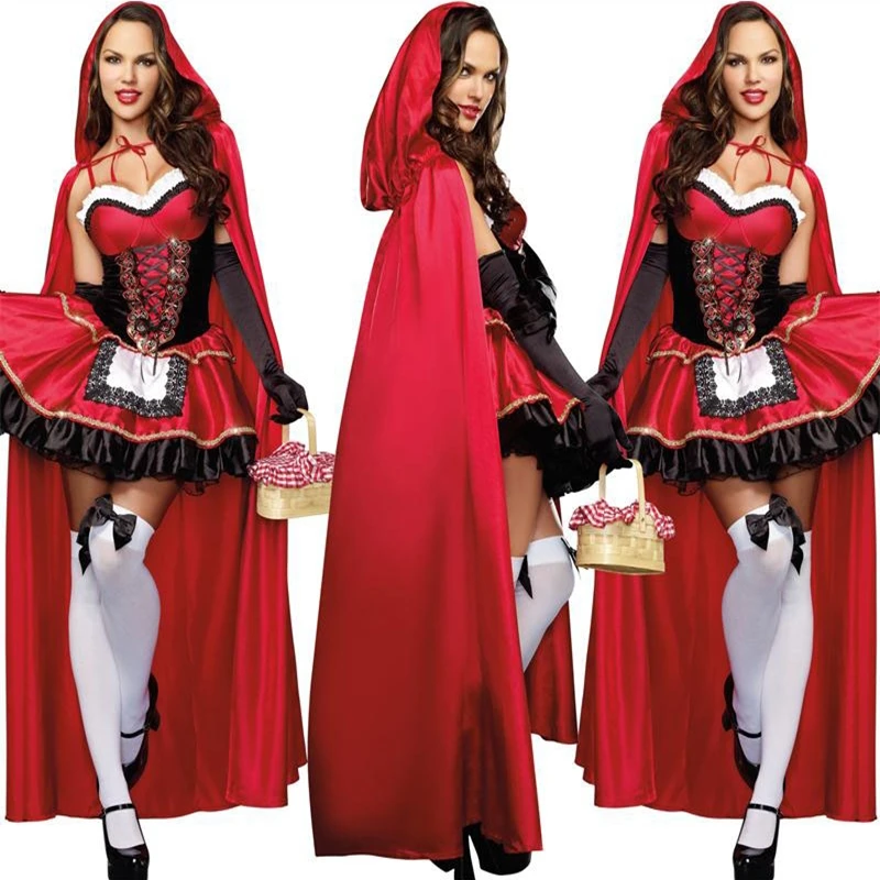 Маскарадный костюм Красной Шапочки для женщин, маскарадный костюм для взрослых на Хэллоуин, сказочное платье для девочек размера плюс+ накидка