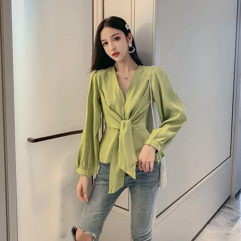

New 2019 Autumn Women Shirts Bowlt Full Sleeve Avocado Less French Blouse Shirt White Green Black Apricot 1962