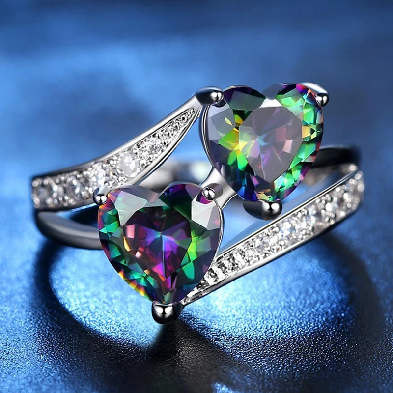 Women's Double Heart CZ + AAA Zircon Ring Product Display Close