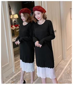 

Postpartum Women Fashion Nursing Knitted Dress Chiffon Pleated Hem Patchwork Long Sleeve Zip Fly Maternity Breastfeeding Dress