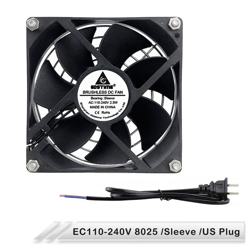 

10 шт./партия, Бесщеточный Охлаждающий вентилятор для двигателя Gdstime EC 8025, 240 В переменного тока, 220 В, 120 В, 110 В, 80 мм, 80x80x25 мм