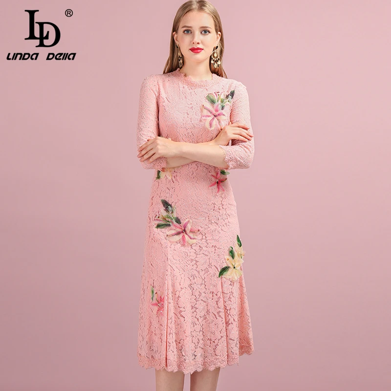 

LD LINDA DELLA 2019 Autumn Women Runway Fashion Designer Three Quarter Sleeve Gorgeous Beading Lace Elegant Slim Ladys Dresses