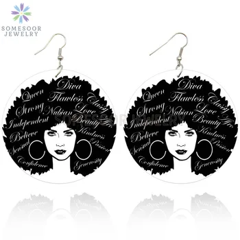 

SOMESOOR Black Natural Hair LOCS Hoops African Wooden Drop Earrings With Strong Sayings Both Sides Print Design For Women Gifts