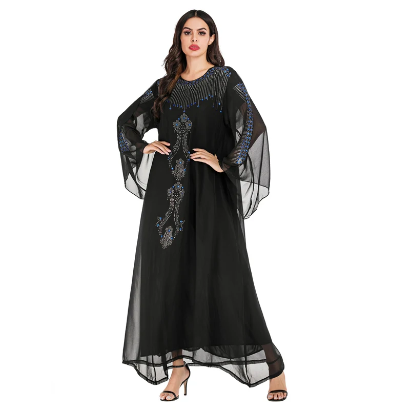 

Chiffon Rhinestone Beading Double-layer Ethnic Dress Flare Sleeve Muslim Abaya Dubai Arabic Ramadan Robe Moroccan Gown VKDR1748