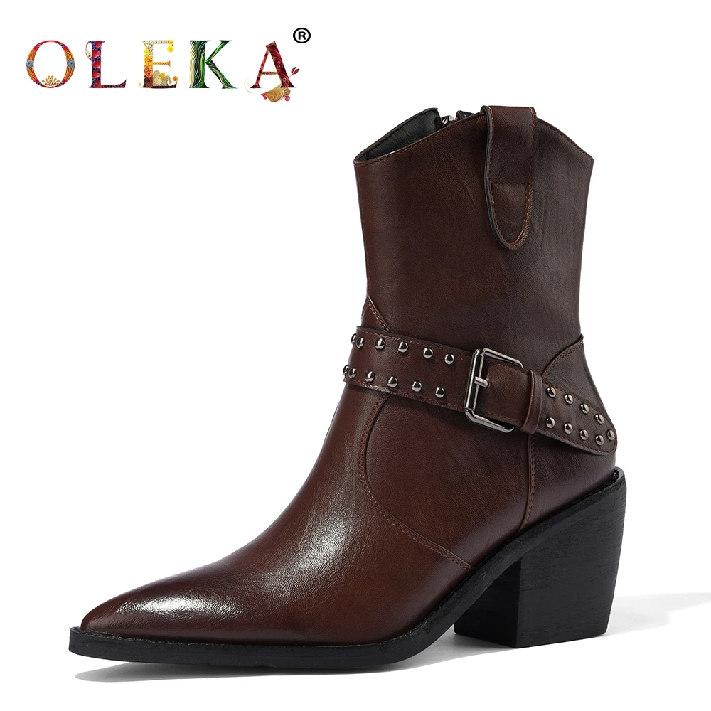 

OLEKA Mid-calf Winter Winter Boots Square Heel Metal Decoration Pointed Toe Leather Boots Women Mature Style Punk New AS604