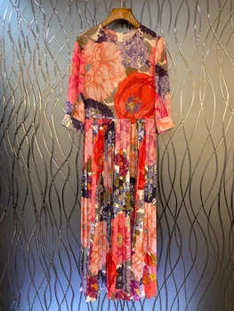 

2020 Spring and Summer New Women's round Neck Back Zip Prints Color Hem Crimp Long Sleeve Dress 422