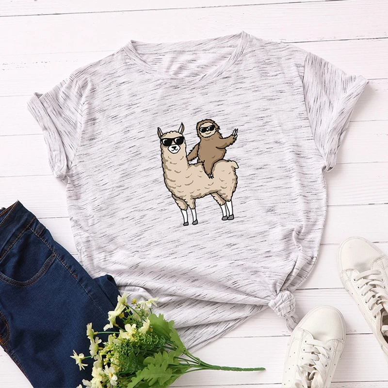 

Women T-shirts 100% Cotton Plus Size S-5XL Graphic Tees Female Shirts Summer Tops Cool Llama Printed Funny T Shirt Clothes