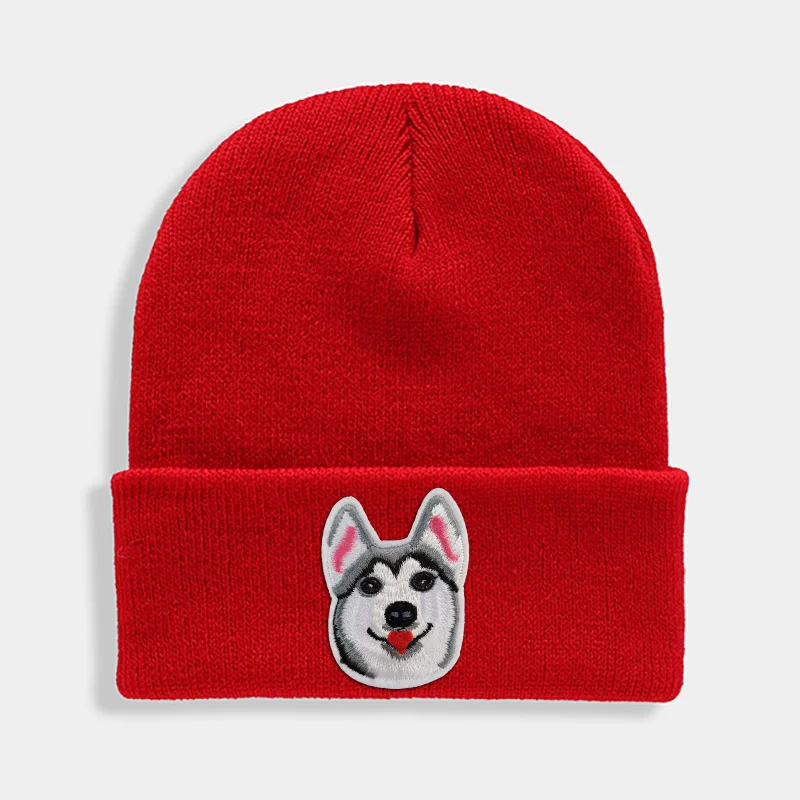 Huskies Hats Fashion Patches Sweet Beanie For Unisex Winter Brimless Stretchy Bonnet Solid Color Outdoor Cap Knitted Beanie - Цвет: Красный