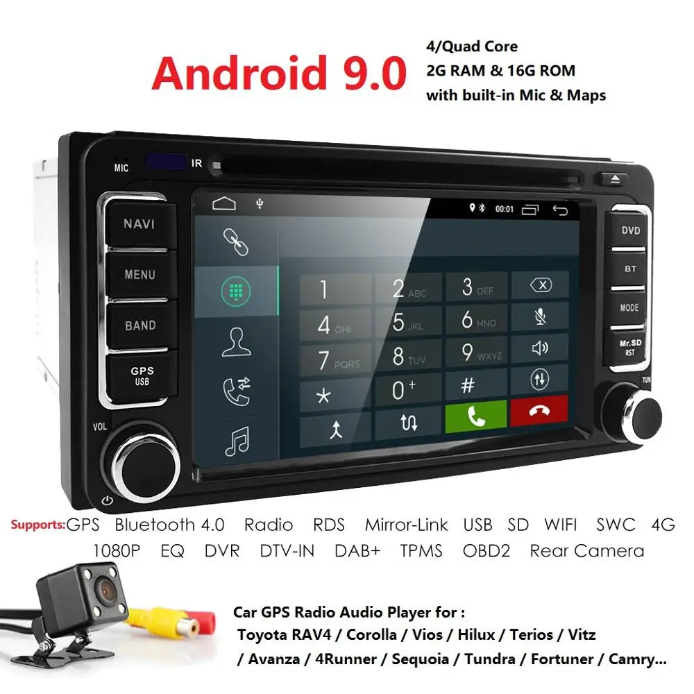 Sale Autoradio 2 din Android 9.0 Car DVD Multimedia Player For Toyota Land cruise 100 200 prado120 150 RAV4 COROLLA Camry yaris Hilux 2