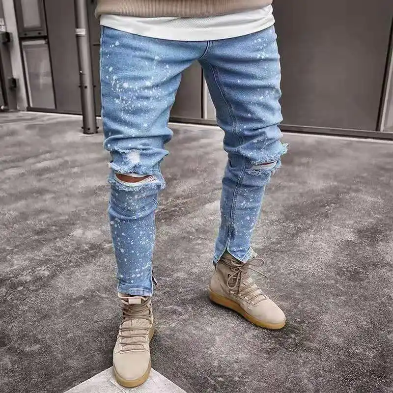 Mens Ripped Big Holes Jeans Splashing Ink Biker Skinny Pencil Jean Pants Distressed Motorcycle Streetwear Denim 4