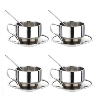 

Coffee Cup Set-Stainless Steel Double Insulated Coffee Cup Mug Coffee Latte Cappuccino Milk Cup with Saucer and Spoon 125Ml