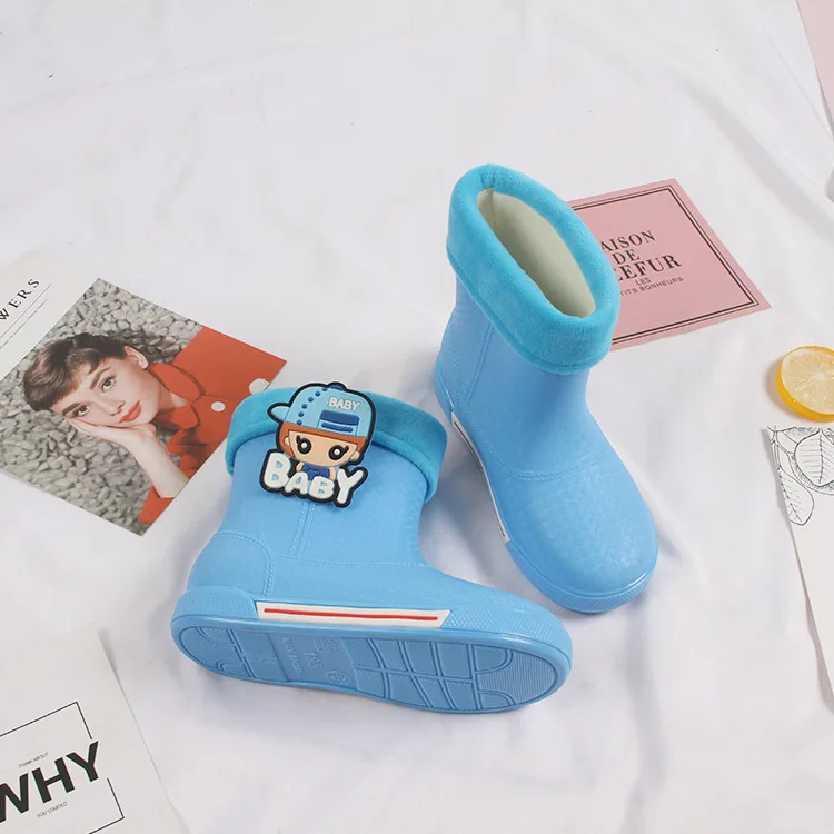 Kids Rainboots Pure Candy Color Embroidered Waterproof Antiskid Detachable Cotton Baby Boys Girls Slip-on Children Rain Boots