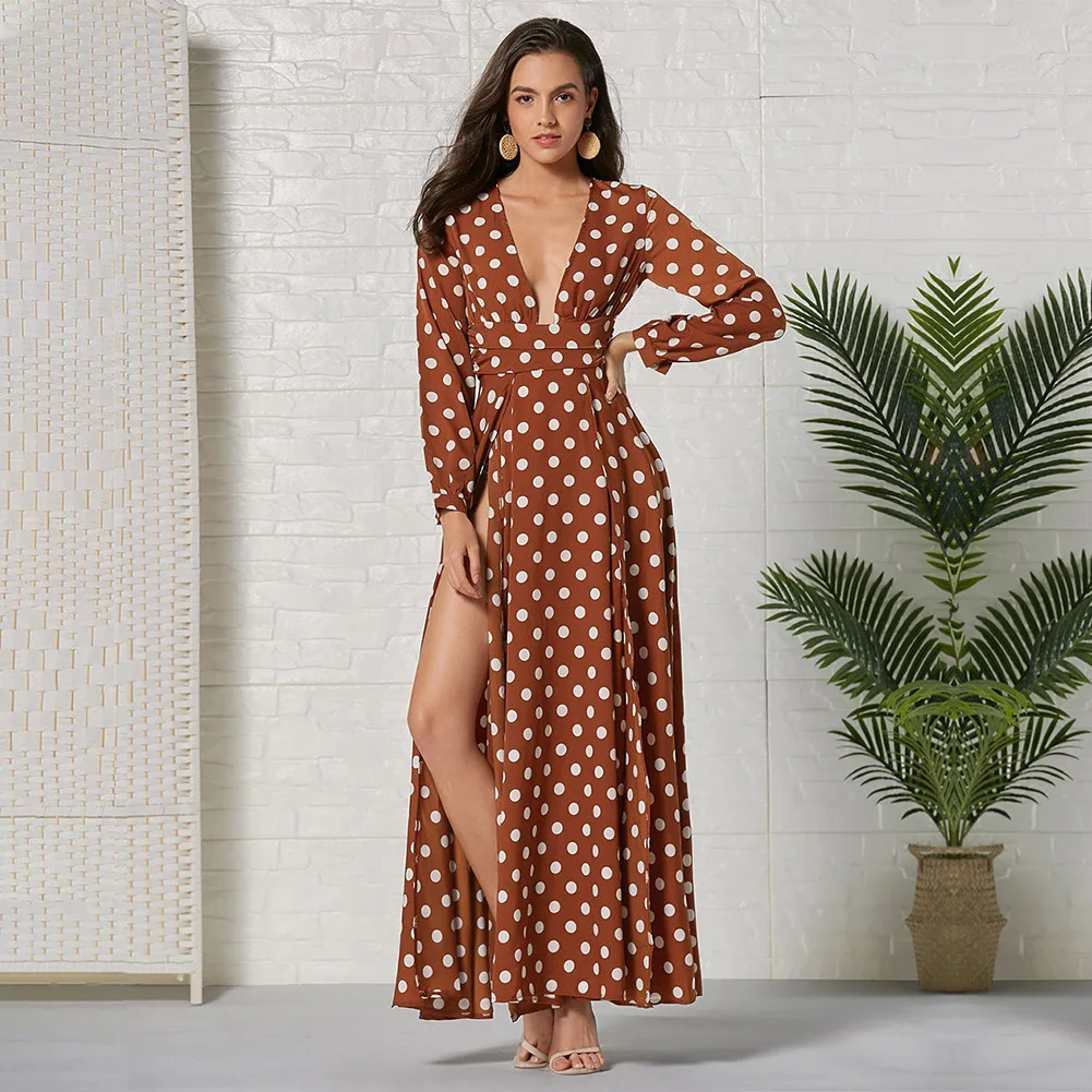 

Fadzeco Women Boho Long Dress Polka Dot Print High Split Sexy Deep V Neck Long Sleeve Maxi Dress Vintage Evening Party Dresses
