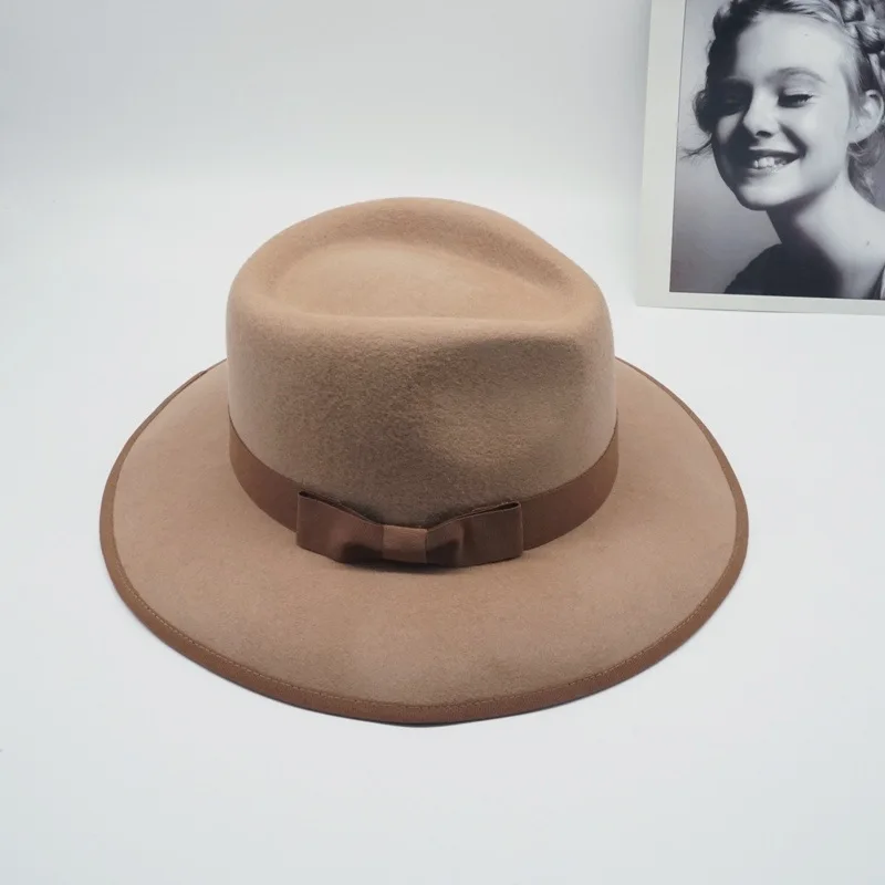 01908-panshi-шерсть британский стиль зимний бант хаки Классическая Шляпа Fedora для мужчин и женщин Панама джазовая, шляпа