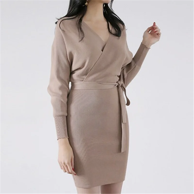 

Sweater Dress Korean Fashion Woman High Waist Knitted Dresses Woman V Neck Bodycon Dress Elegant Women Sweaters Dresses Vestidos