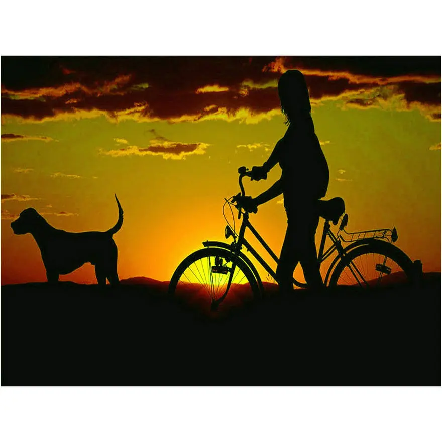 full square diamond painting sunset people bicycle dog diy 5d mosaic landscape 3d embroidery decoration | Дом и сад