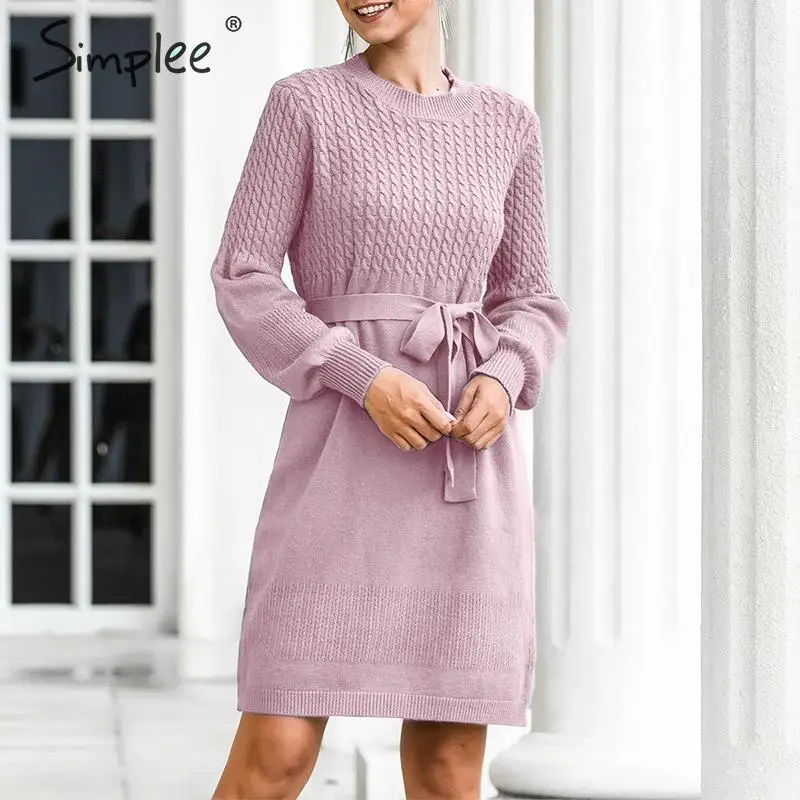 

Simplee High waist sweater dress Elegant soft belt a-line women knitted dress Office lady solid bodycon chic party autumn dress