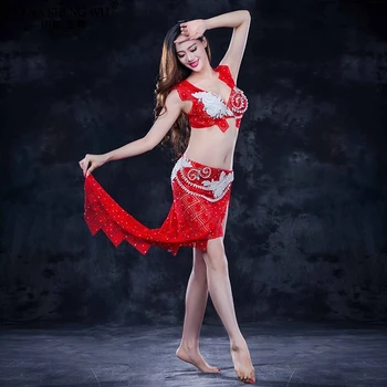 

Newest Belly DancePerformance Costume Women Sexy Diamond Bra+Split Skirt Oriental India Dance Contest Suit Stage Wear Mini Dress