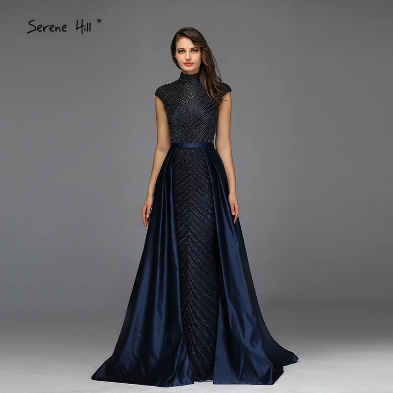 navy blue Новейший дизайн, красные вечерние платья с высоким воротом, Дубай, Роскошные вечерние платья без рукавов с бусинами, Серен Хилл, LA60866 - Цвет: navy blue