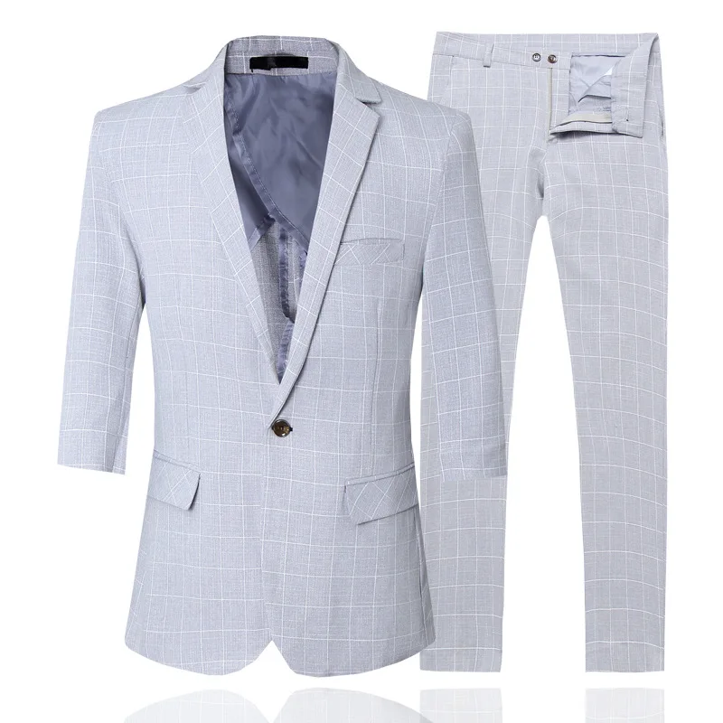 

19 Spring And Summer Short Sleeve Suit Men's Slim Fit Three-quarter-length Sleeve Casual Korean-style Capri Pants Plaid Two Piec