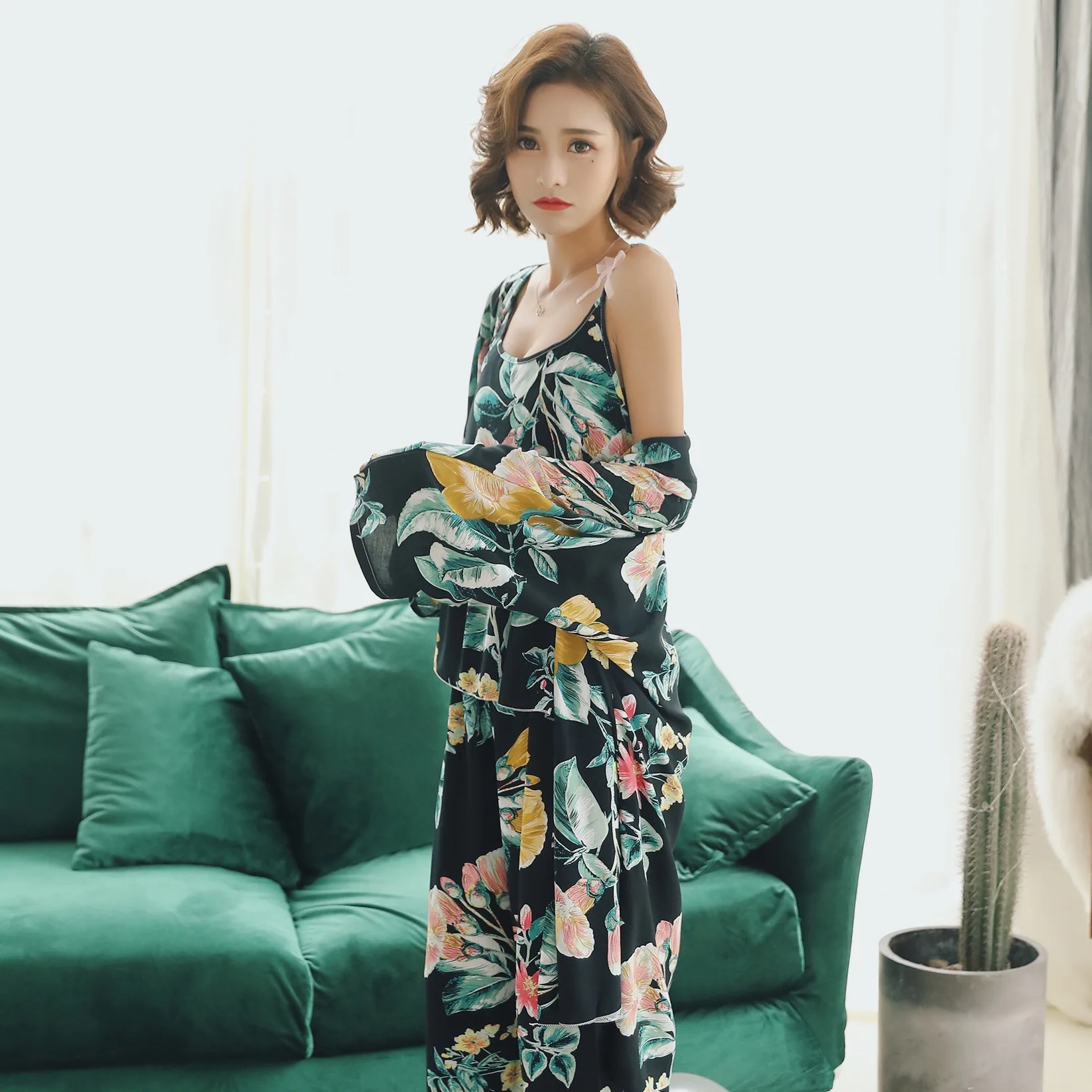 New Fashion Women Sleepwear Nightwear Kimono Robe Soild Spring Autumn Cotton 3 pieces suit Bathrobe Elegant Bathroom Spa Robe