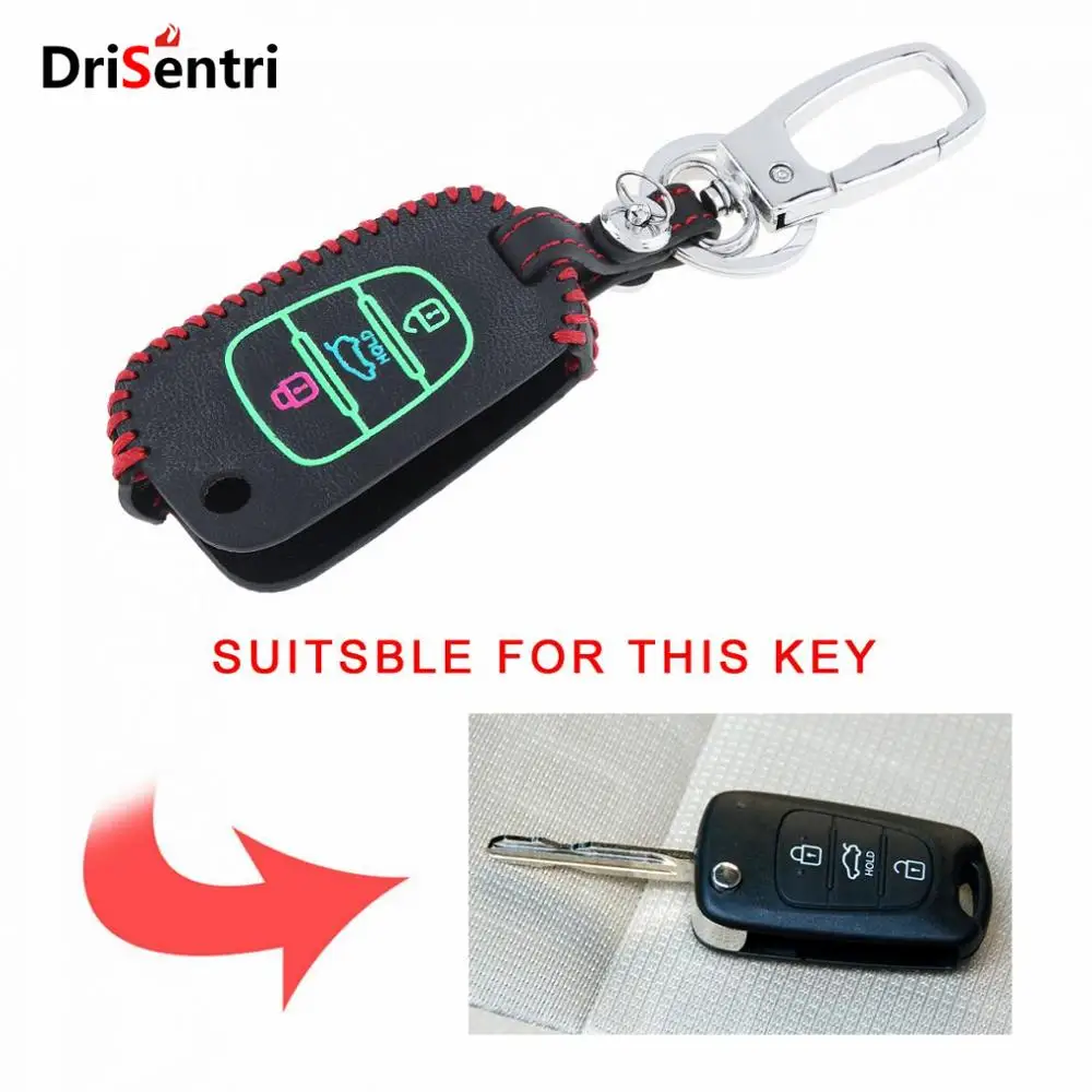 

3 Buttons Hand Sewed Leather Noctilucent Car Key Cover Protector Holder with Hang Buckle for Hyundai i20 i30 i35 iX20
