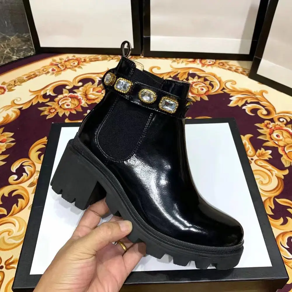 

European style ladies fashion rhinestones Martin boots women's British style leather thick heeled boots