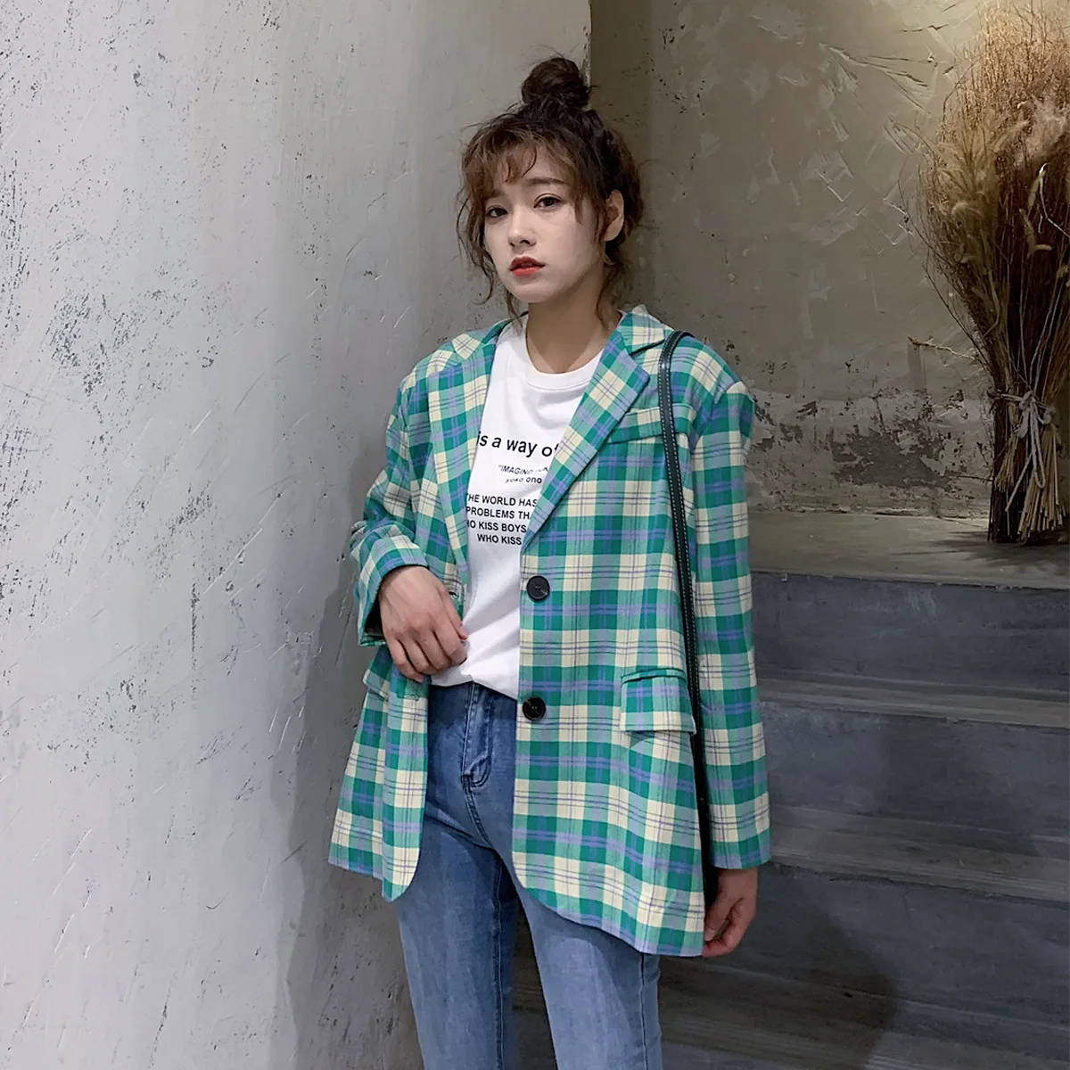 

Photo Shoot Green Plaid Small Suit Coat Women's 2019 Spring And Autumn Korean-style Loose Casual England Ventilation Network Red
