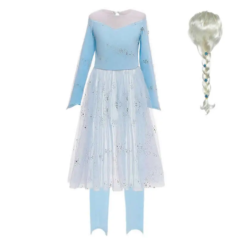 Elsa Dress C Set 1 Голубое платье Эльзы для девочек; комплект из 2 предметов; кружевное платье принцессы для костюмированной вечеринки с длинными рукавами, блестками и принтом снежинки; градиентные костюмы; платья средней длины - Цвет: Elsa Dress C Set 1